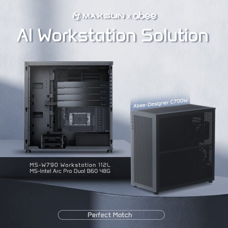 Solution de workstation AI Maxsun x Abee montrant le boîtier MS-W790 Workstation 112L avec Designer C700W.