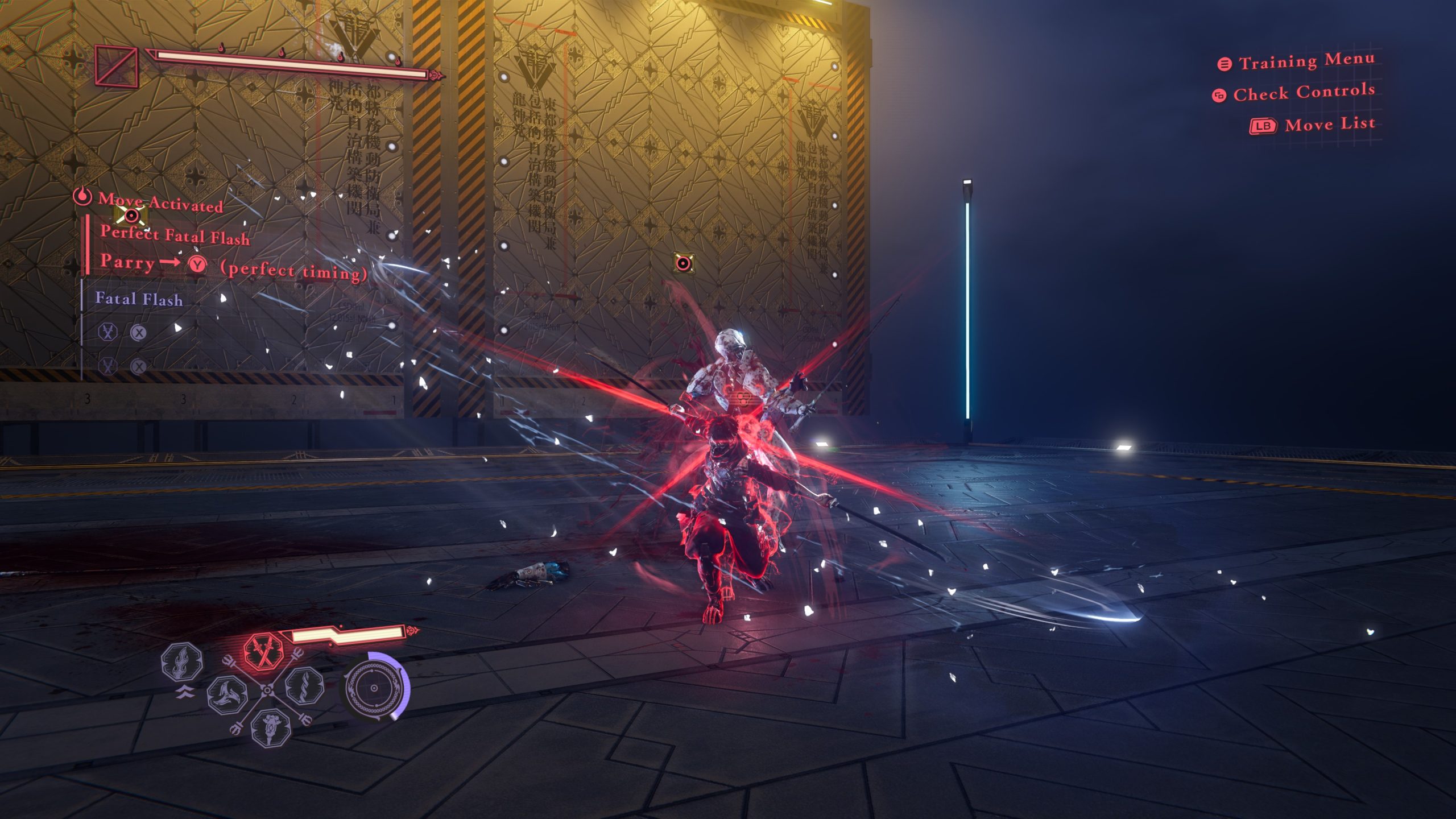 Un personnage effectuant Perfect Fatal Flash avec options du menu d’entraînement visibles.