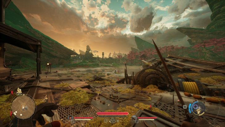 Perspective à la première personne dans un paysage de jeu sci-fi.