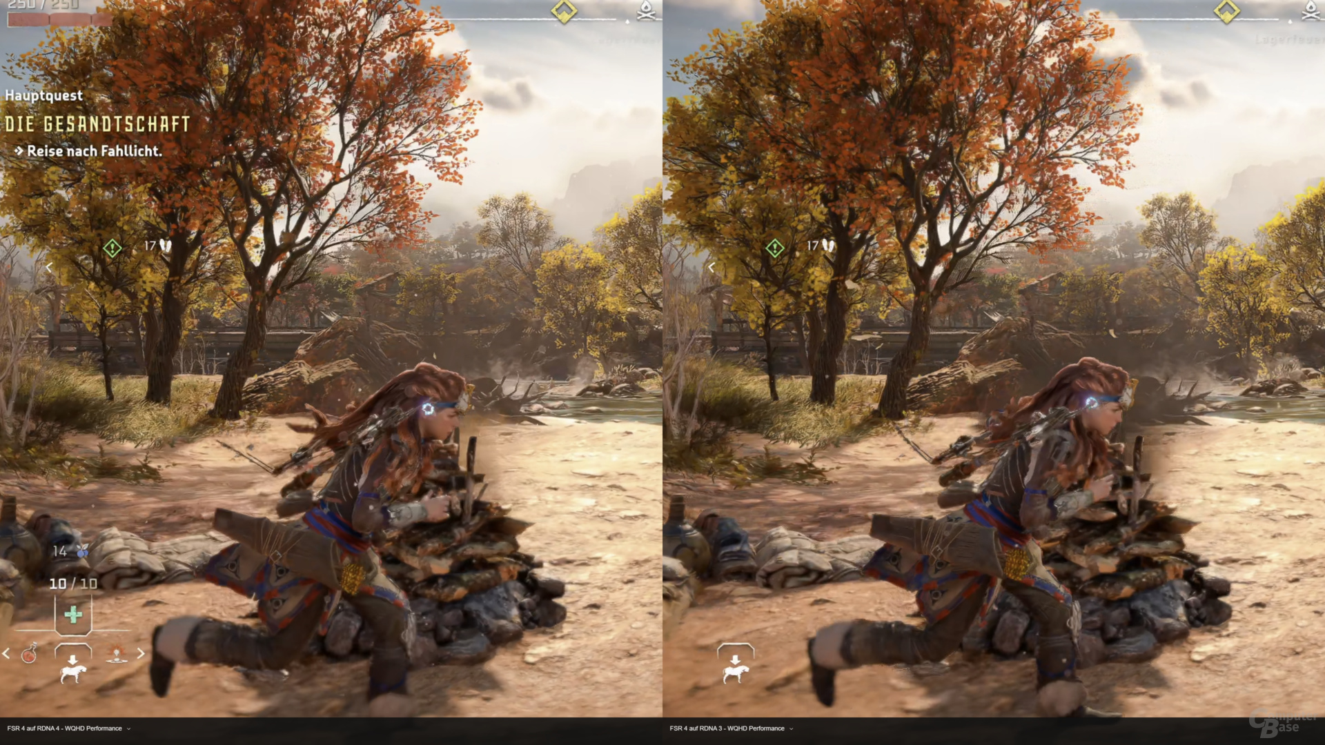 Écran partagé montrant du texte dans une scène de jeu, FSR 4 sur RDNA en bas.