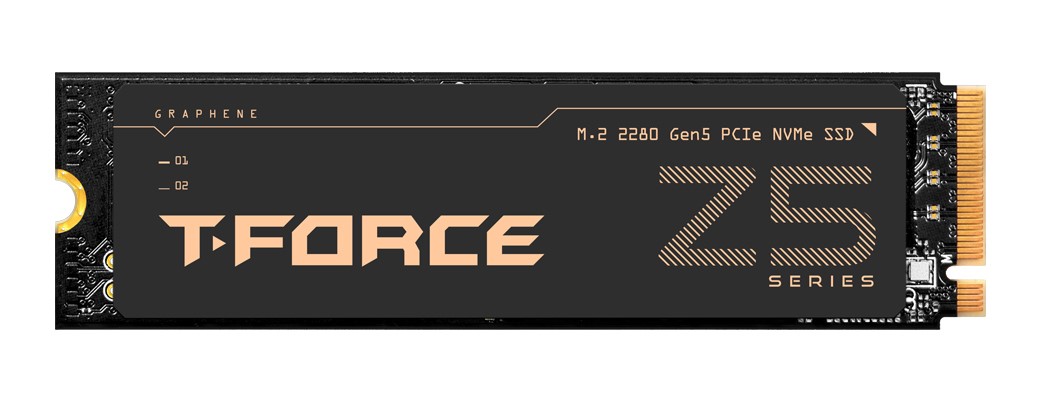 T-FORCE Z5 series M.2 2280 Gen5 PCIe NVMe SSD with text GRAPHENE on the label.