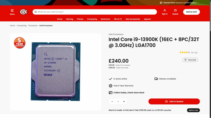 Processeur Intel Core i9-13900K sur la page de CeX avec prix 240,00 £ et texte de 5 ans de garantie gratuite.