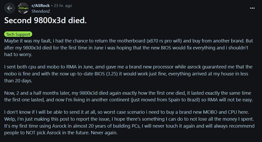 Post sur Reddit concernant le deuxième 9800X3D mort.