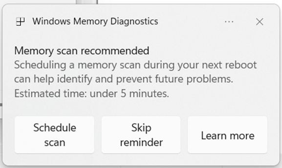 Fenêtre de diagnostic mémoire Windows indiquant : “Analyse de mémoire recommandée.”