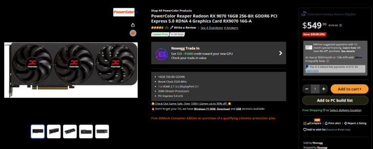 Détails et prix de la carte graphique PowerColor Reaper Radeon RX 9070 16 Go sur Newegg.