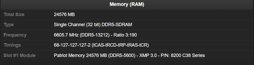 Spécifications de la mémoire RAM avec une taille totale de 24576 MB, fréquence de 6605.7 MHz.