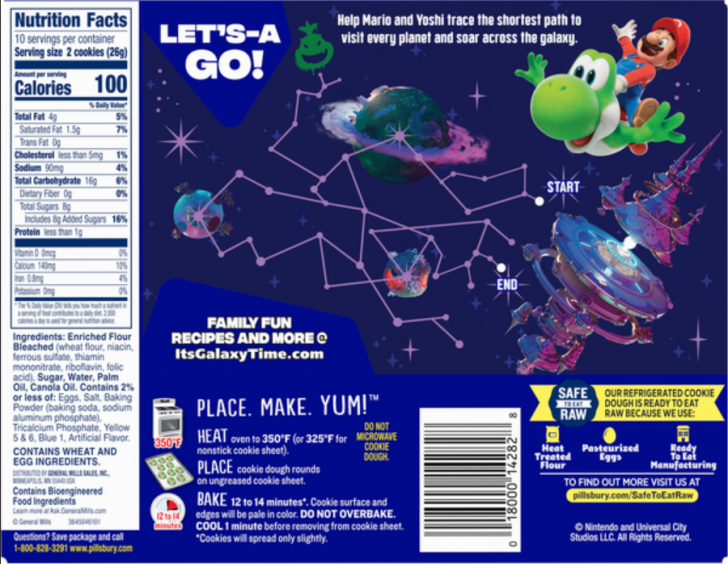 Un paquet de cookies Pillsbury mettant en vedette Mario et Yoshi sur un fond de galaxie avec des instructions de cuisson.