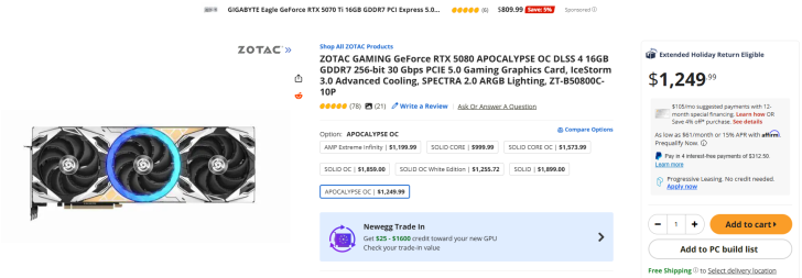 Carte graphique ZOTAC GAMING GeForce RTX 5080 APOCALYPSE OC DLSS 4, avec la liste des prix sur Newegg à 1 249,99 €.