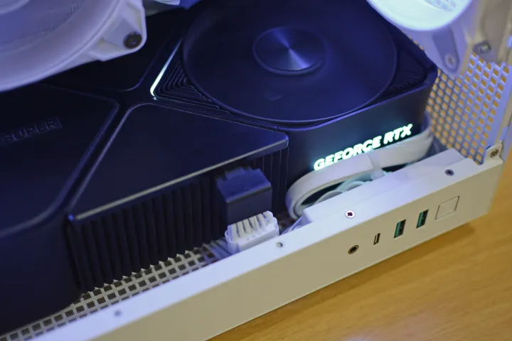 Custom 16-pin power cable on the RTX 4080 Super Founders Edition inside the Deepcool CH160 mini-ITX case