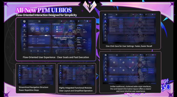Interface BIOS 'PTM UI' mettant en avant un 'CPU AMD Ryzen 9 9900X 12-Cœurs' avec une navigation fluide.
