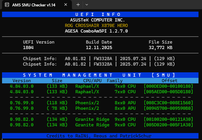L'écran affiche 'AM5 SMU Checker v1.14' montrant des informations UEFI pour ASUSTeK COMPUTER INC. ROG CROSSHAIR X670E HERO.