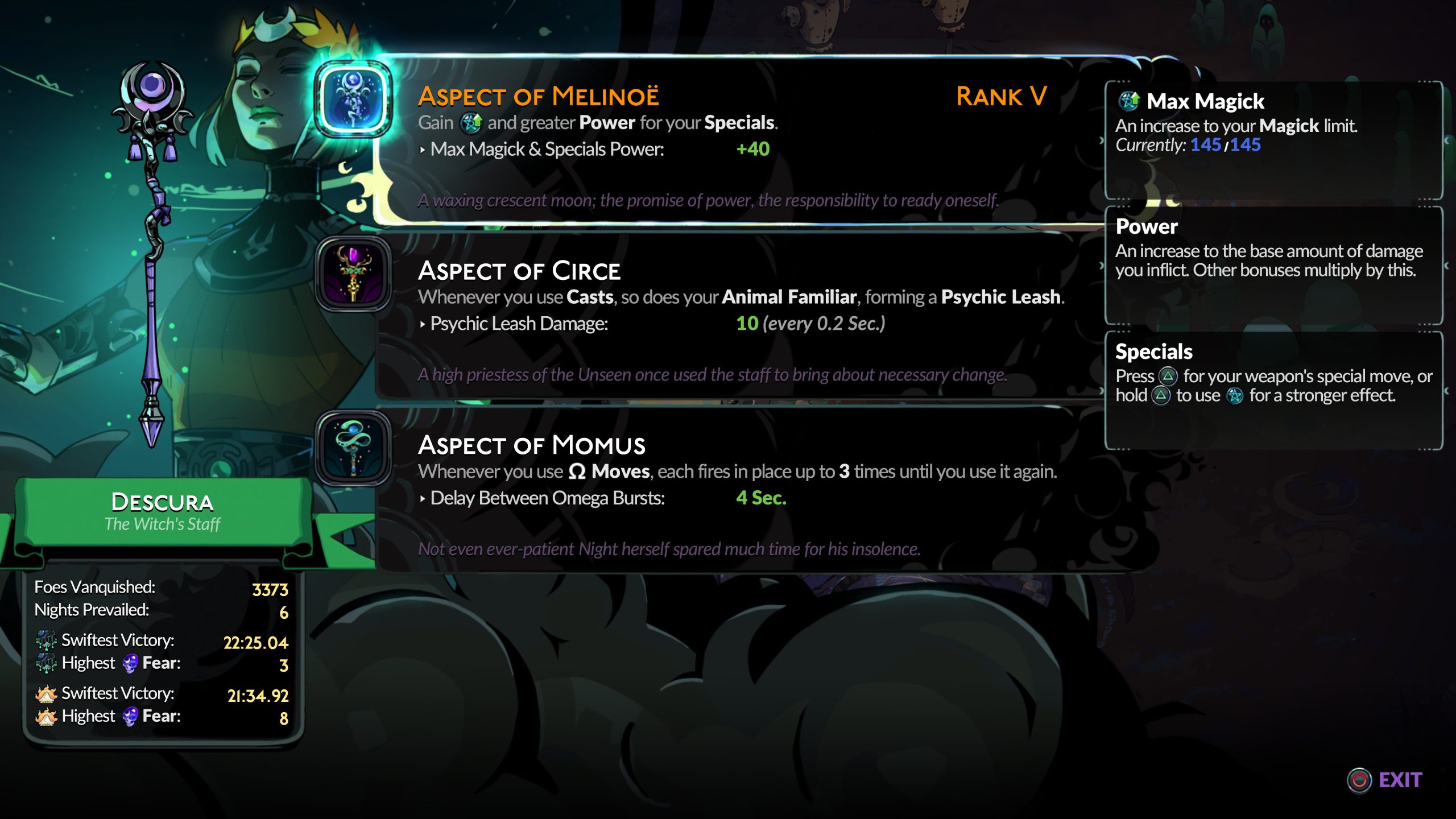 Menu du jeu montrant les détails du 'Witch's Staff'.