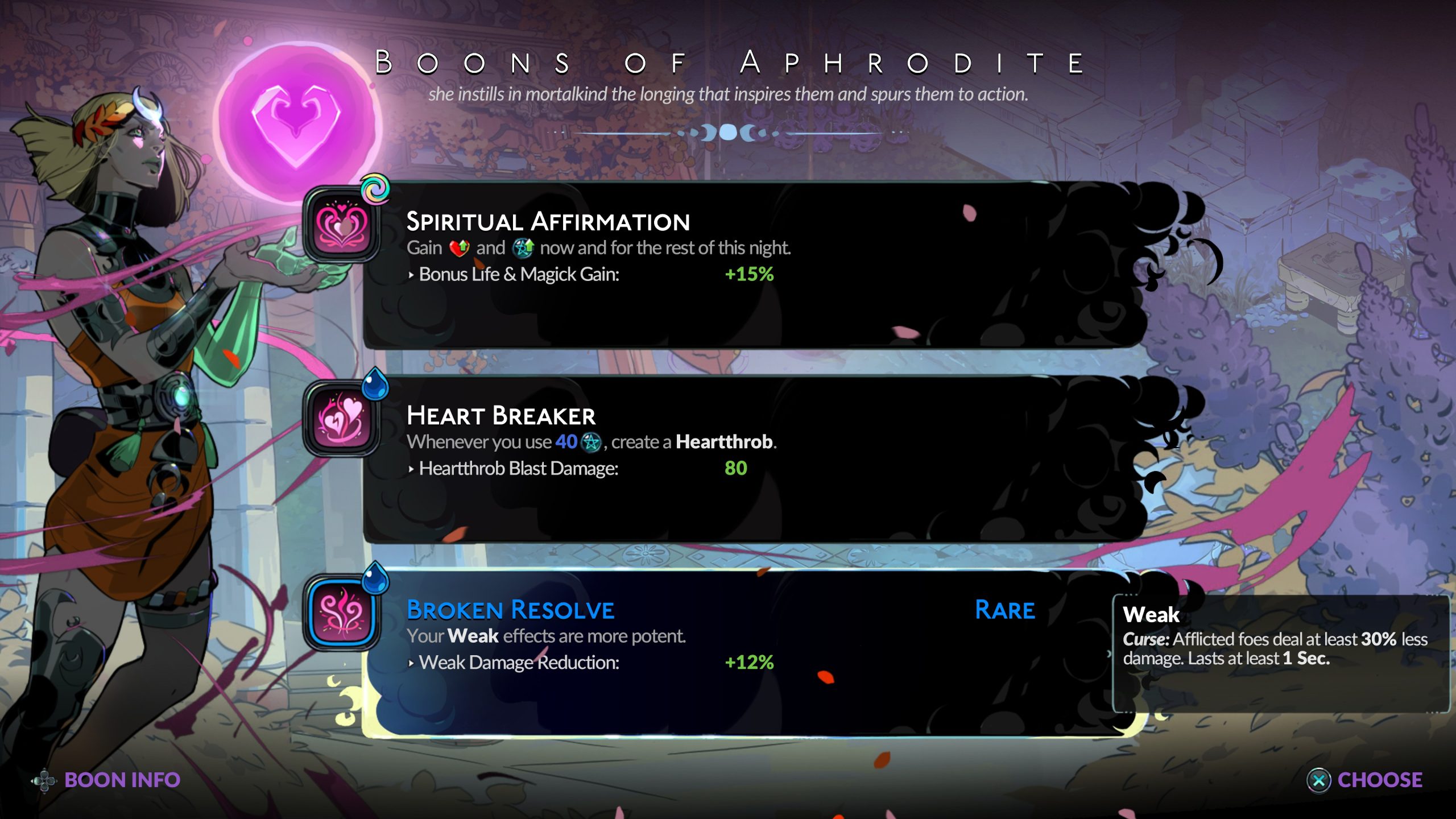 Un personnage du jeu 'Hades' offrant trois 'Boon d'Aphrodite'.