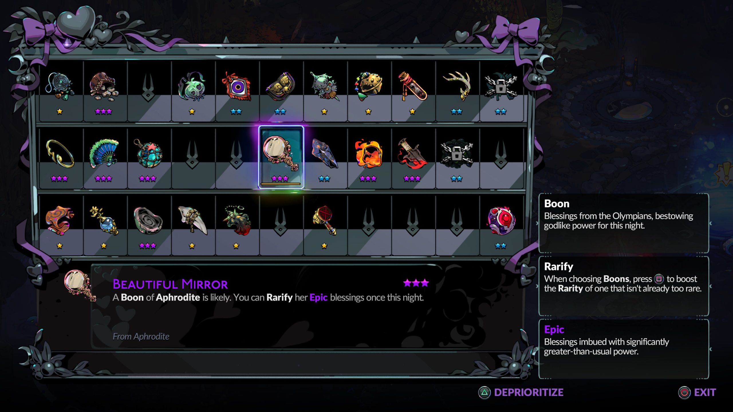 Écran d'inventaire dans Hades montrant divers objets.
