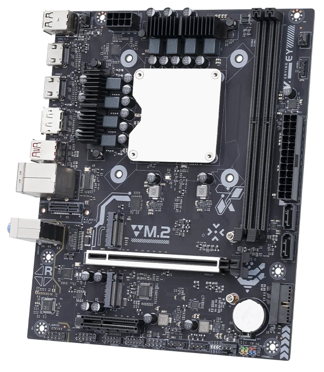 Une carte mère noire sans marque avec étiquettes 'M.2', plusieurs slots PCIe et un socket CPU.