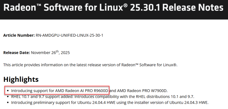 Notes de version pour 'Radeon Software for Linux 25.30.1', soulignant le support pour les modèles AMD.