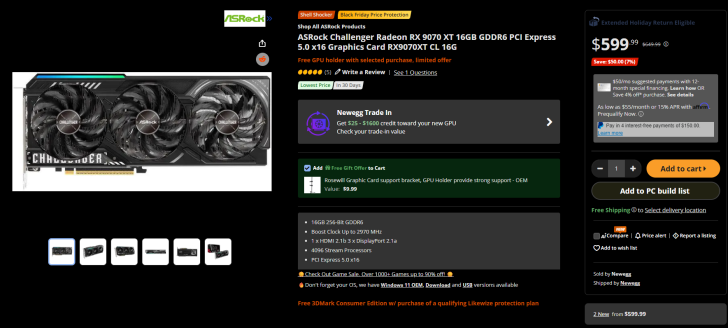 Carte graphique ASRock Challenger Radeon RX 9070 XT à 599,99 € sur Newegg, dotée de 16 Go de GDDR6 et PCI Express 5.0 x16.