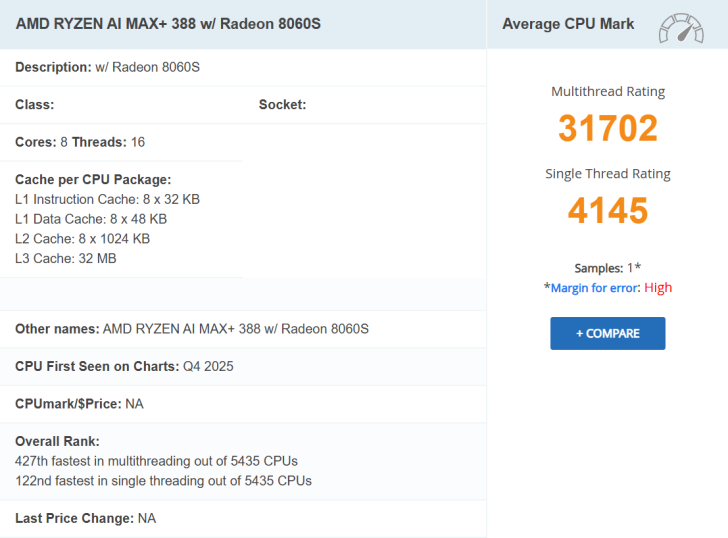 AMD RYZEN AI MAX+ 388 avec Radeon 8060S.