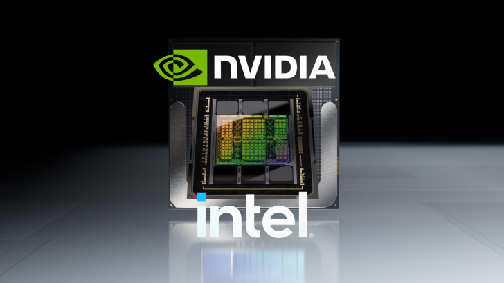 Logos NVIDIA et Intel sur une puce semi-conductrice.
