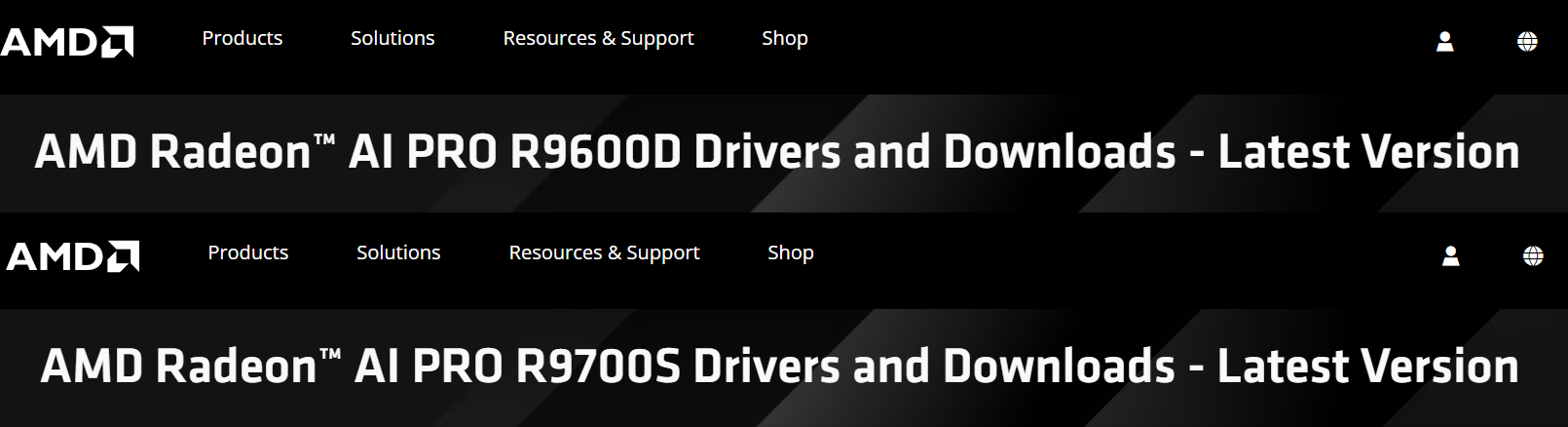 Bannières affichant 'AMD Radeon AI PRO R9600D Drivers and Downloads' et 'AMD Radeon AI PRO R9700S Drivers and Downloads' avec logos AMD.