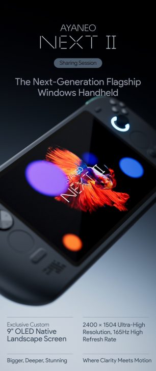 L'AYANEO NEXT II a un écran OLED de 9 pouces avec une résolution de 2400 x 1504 et un taux de rafraîchissement de 165 Hz.