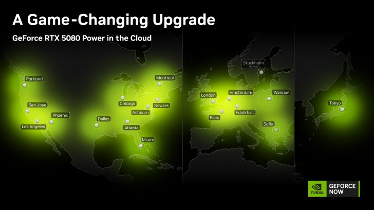 A map highlighting global GeForce RTX 5080 cloud power locations, including Portland, London, and Tokyo, with the text 'A Game-Changing Upgrade.'