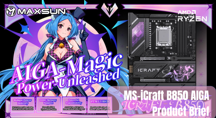 Image promotionnelle Maxsun mettant en avant la carte mère MS-iCraft B850 AIGA avec des caractéristiques telles que 'Alimentation robuste', 'Support DDR5' et 'Extensibilité puissante'.