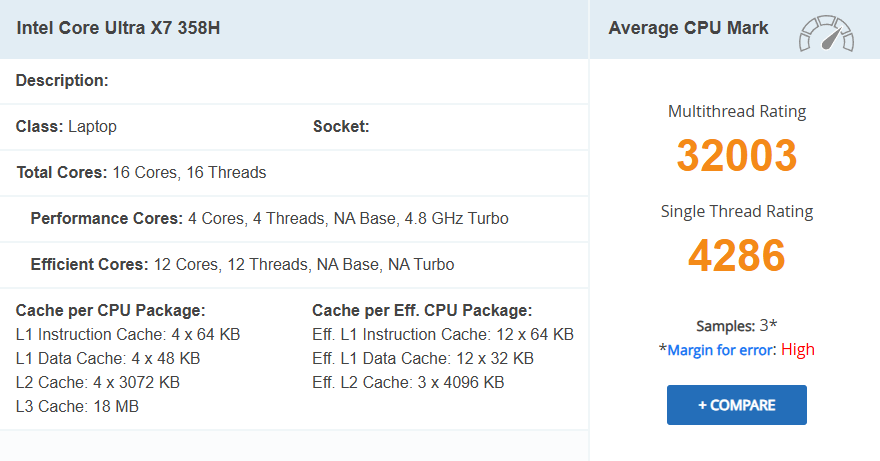 Un résumé des benchmarks pour le Intel Core Ultra X7 358H montre une note multithread de 32003 et une note monoproc. de 4286.