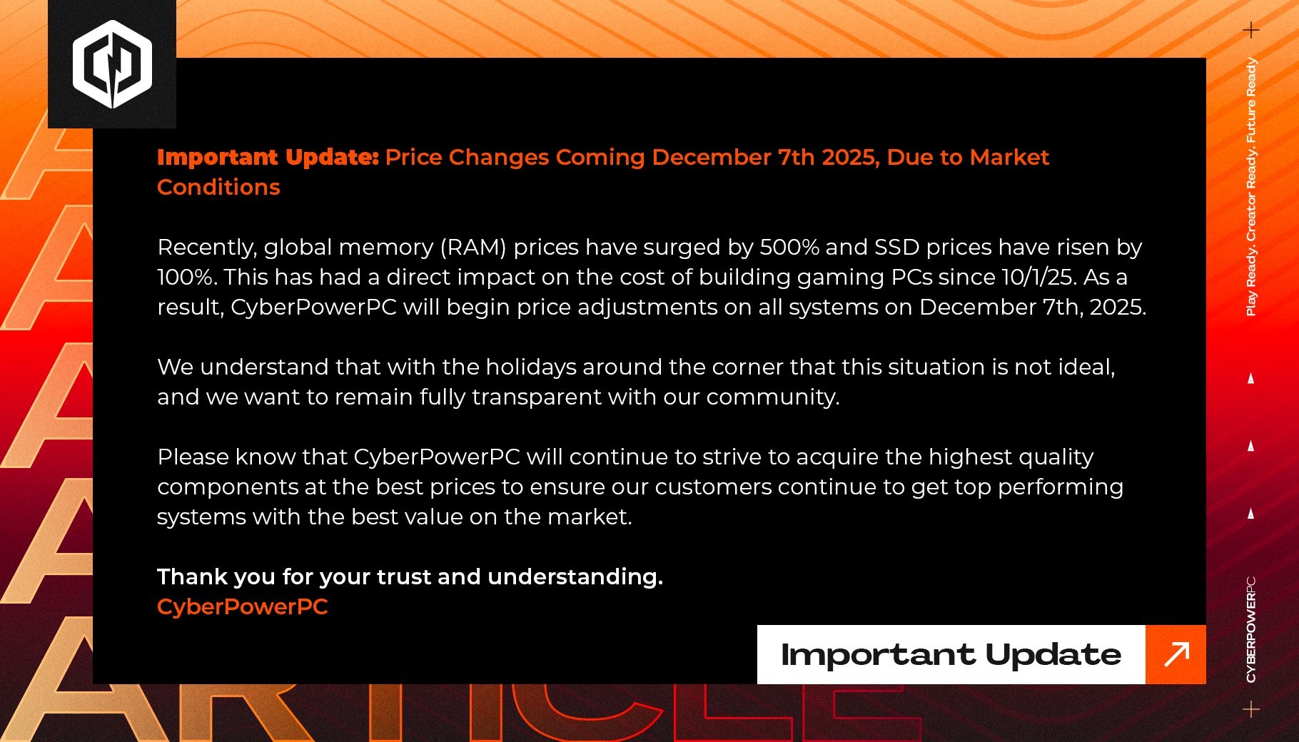 Annonce de CyberPowerPC concernant les changements de prix effectifs le 7 décembre 2025 suite à une hausse de 500 % des prix de la RAM et de 100 % des SSD.