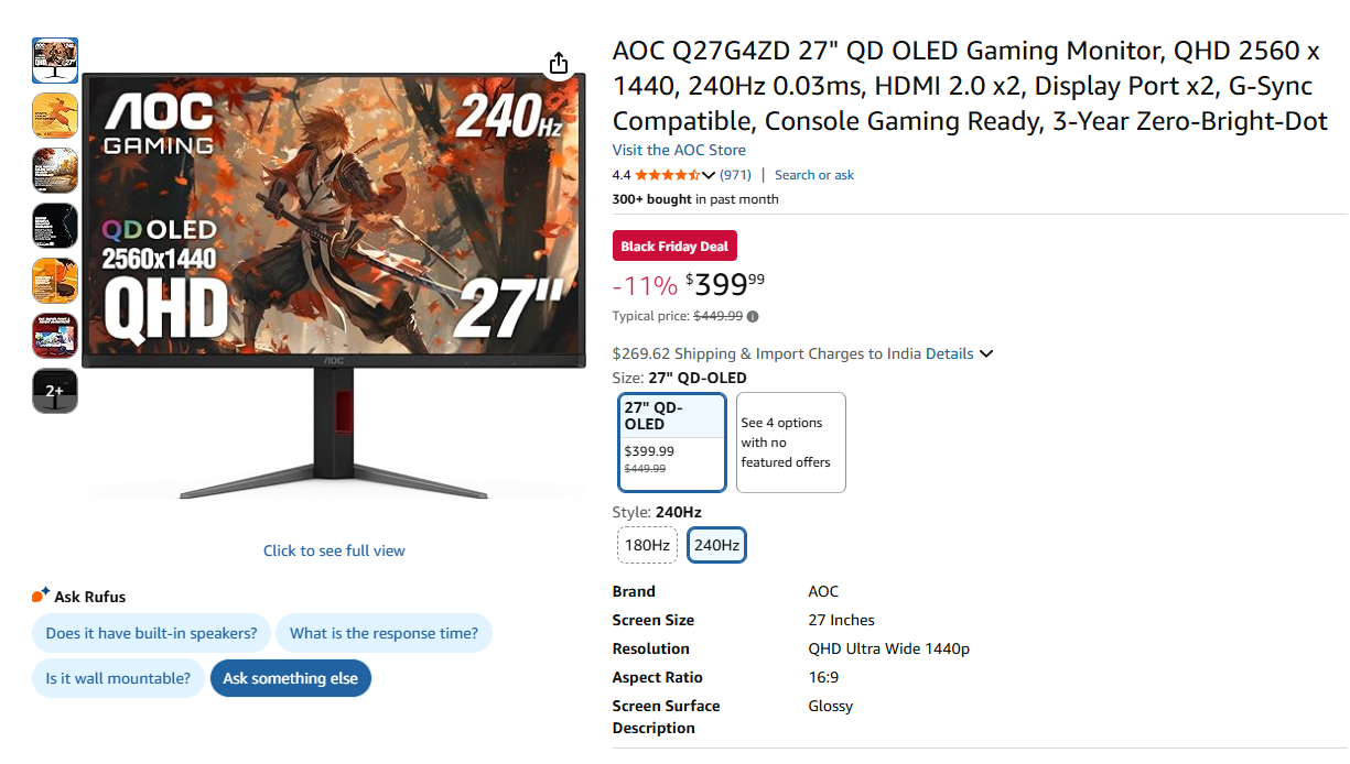 Moniteur AOC Q27G4ZD de 27 pouces avec des spécifications '2560x1440', '240Hz', '0.03ms' à l'écran, prix promotionnel et étiquette 'Black Friday Deal'.
