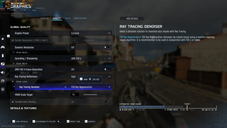 Paramètres graphiques dans le jeu montrant 'Ray Tracing Denoiser' avec 'FSR Ray Regeneration'
