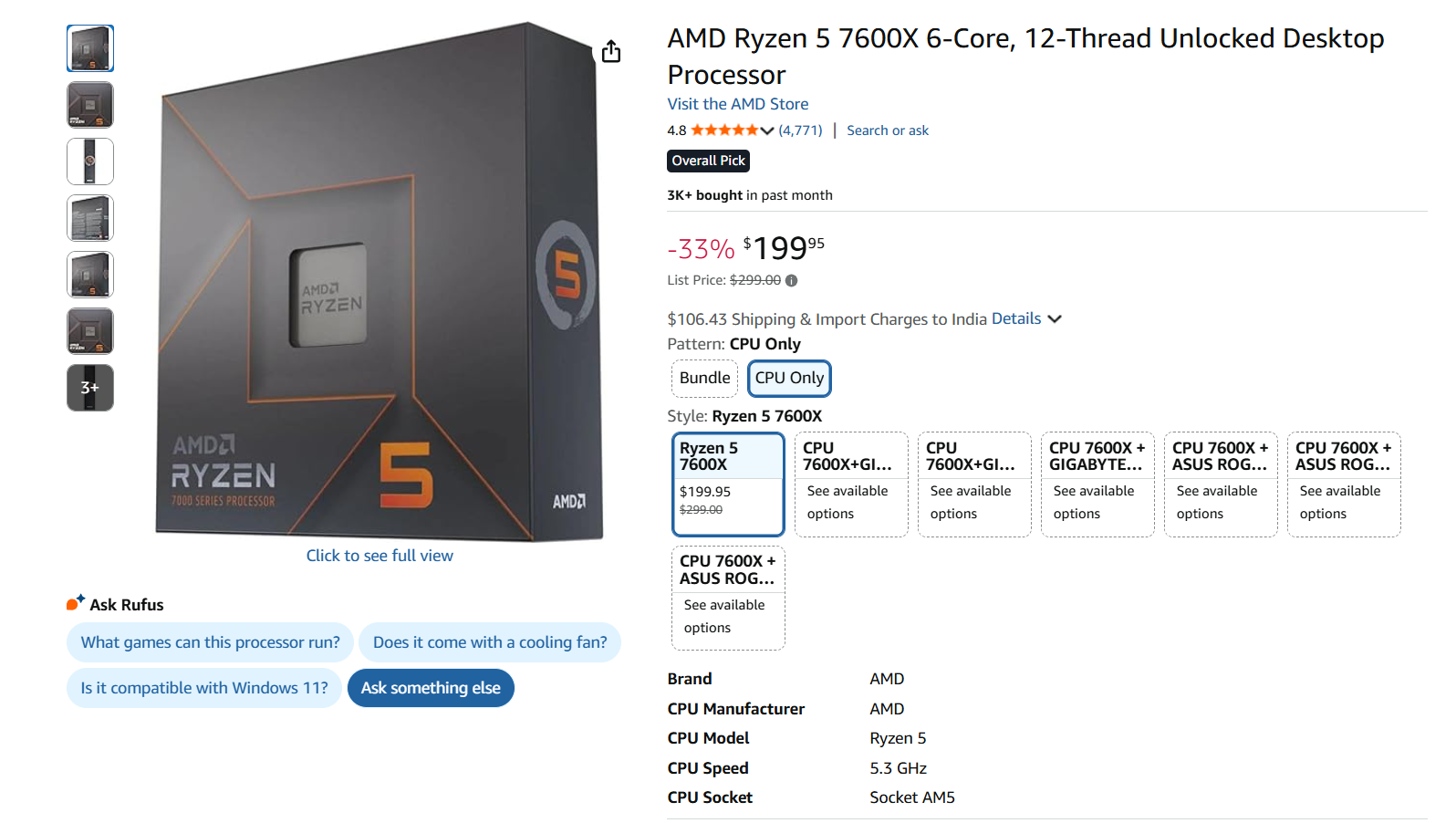 Prix du processeur AMD Ryzen 5 7600X affiché à 199,95 $.