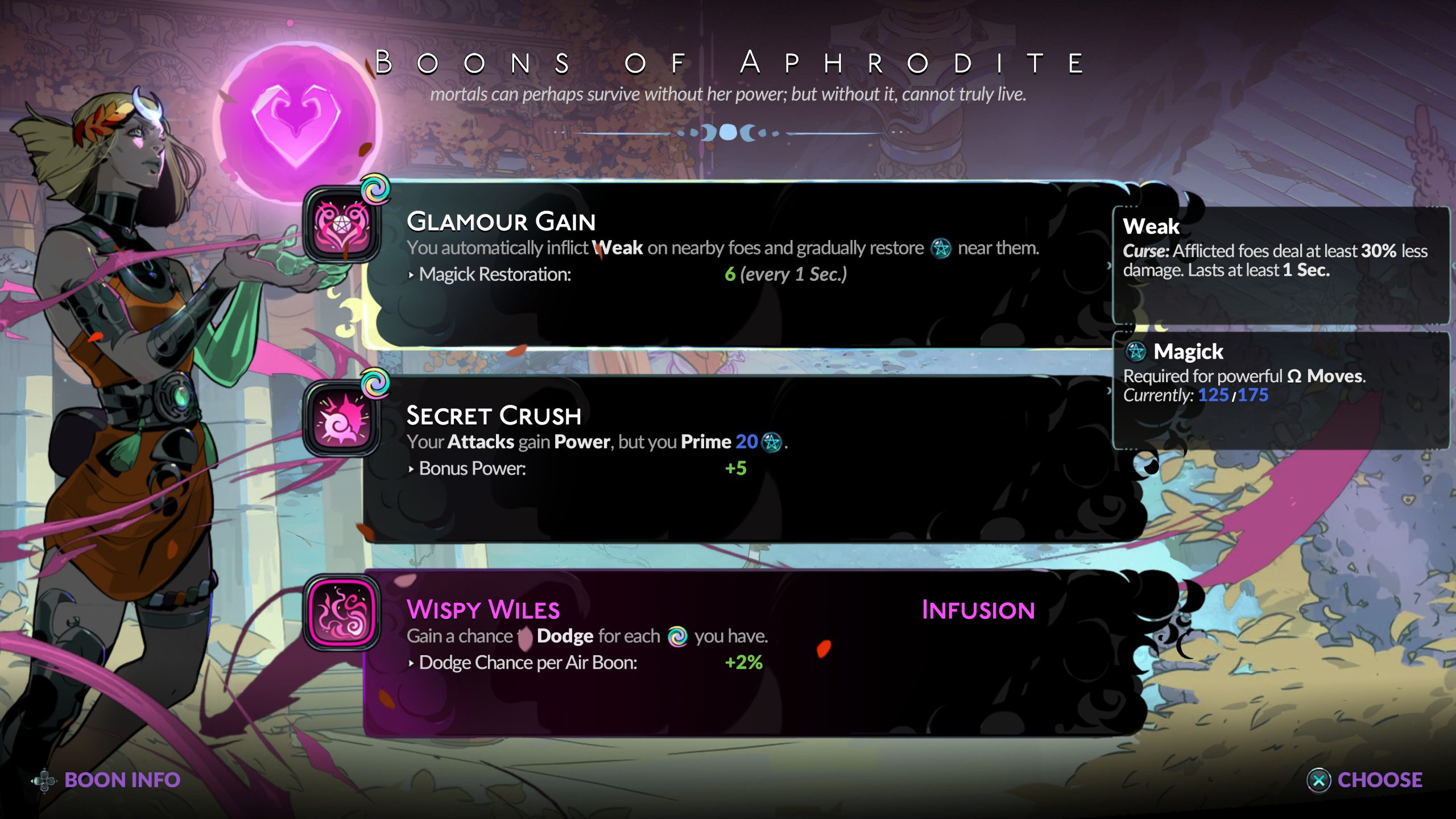 Un écran de jeu montrant un personnage et les 'Boon d'Aphrodite' avec 'Glamour Gain'.