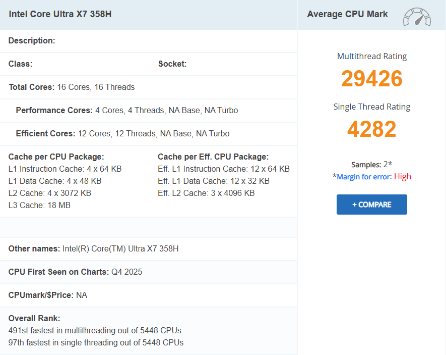 Benchmark pour Intel Core Ultra X7 358H.