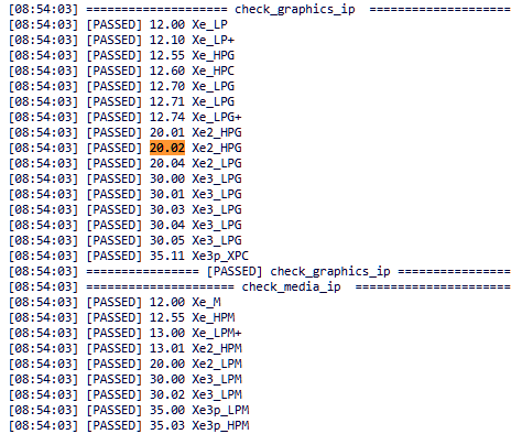Résultats des modèles Xe, comme Xe_HPG et Xe3_LPG, tous marqués comme [PASSED] avec des valeurs correspondantes.