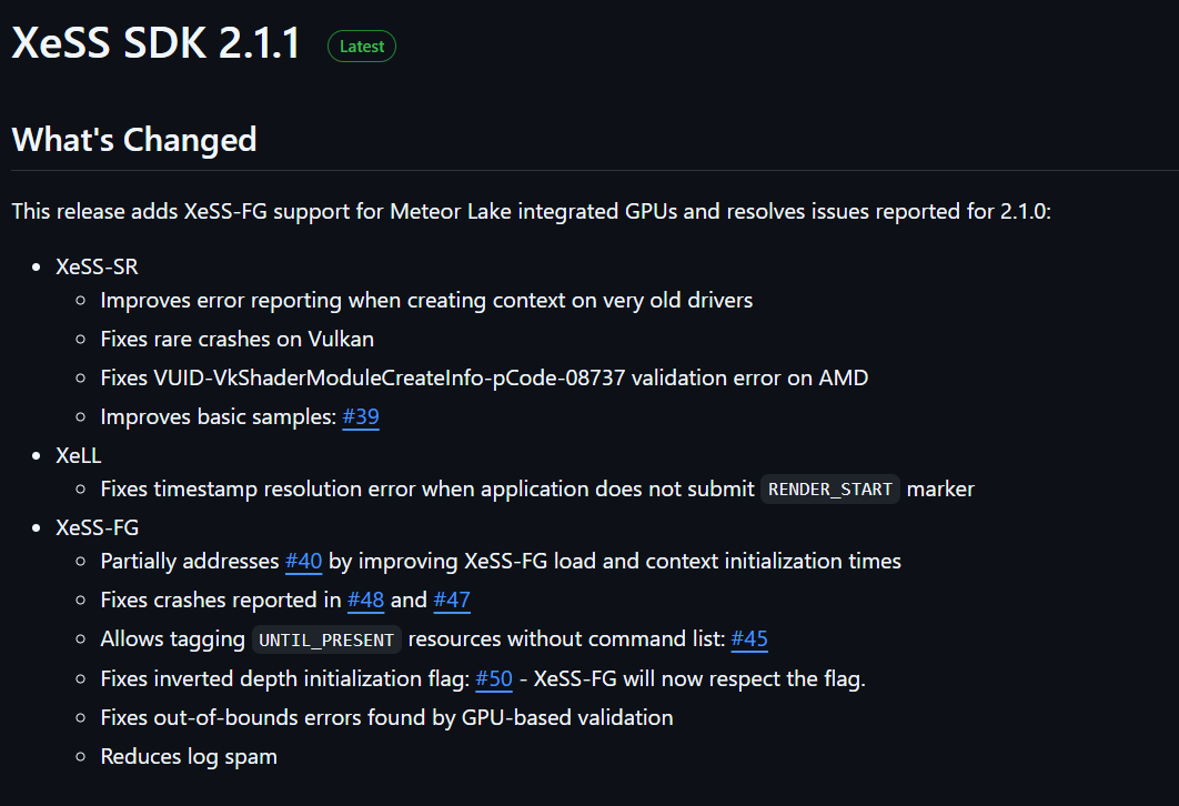 Notes de version XeSS SDK 2.1.1 mettant en avant les changements.