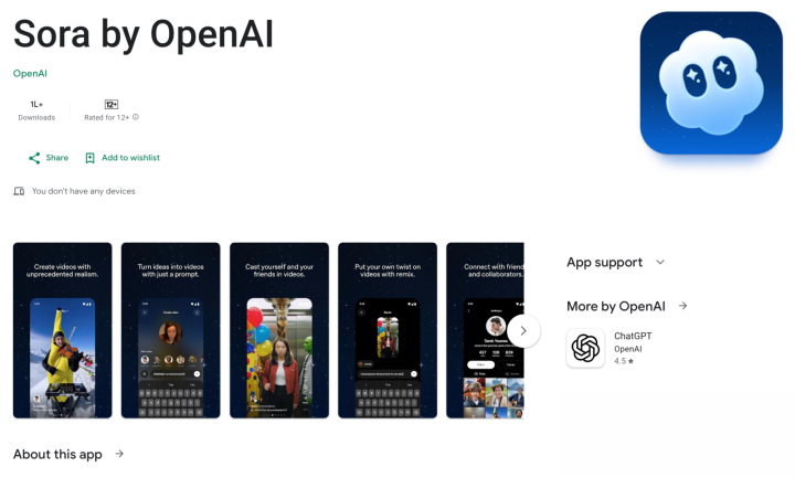 Sora AI video generation on Google Play Store.