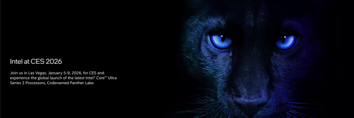 Un gros plan d'un visage de panthère avec un œil bleu, à côté du texte 'Intel à CES 2026', annonçant le lancement mondial de Intel Core Ultra Series 3, code nommé Panther Lake, à Las Vegas, du 5 au 9 janvier 2026.