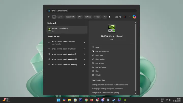 Windows search for Nvidia Control Panel