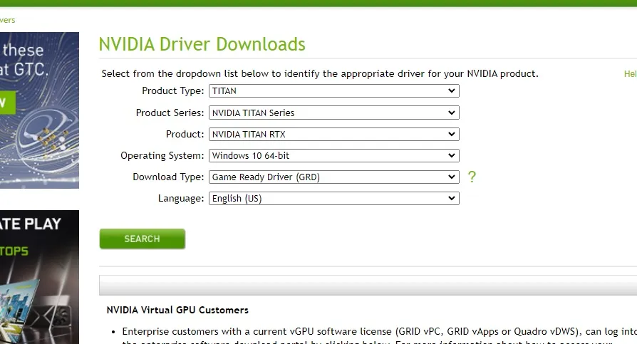 Downloading Nvidia drivers from the official website.