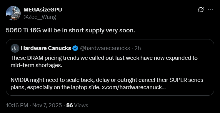 “5060 Ti 16G sera en pénurie très bientôt” dans un tweet sur les pénuries de DRAM.