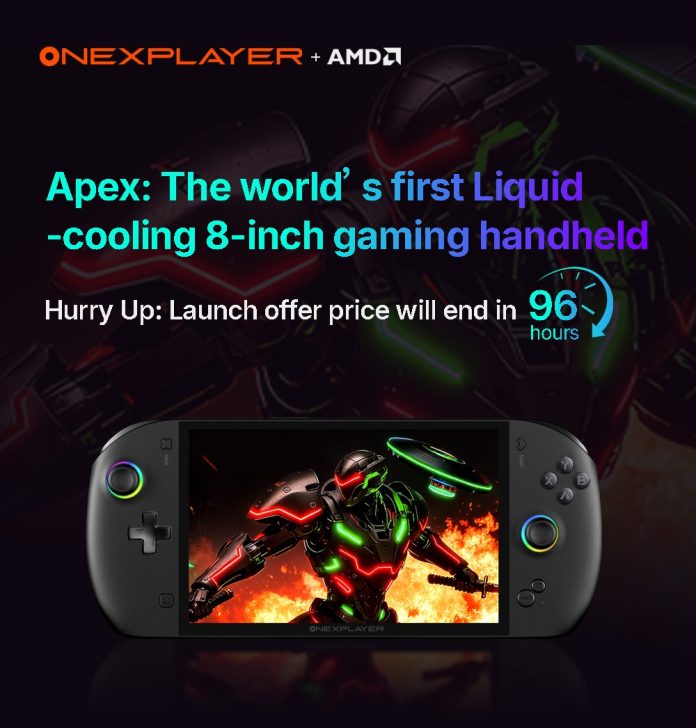 Logos d'ONEXPLAYER et d'AMD au-dessus de l'annonce 'Apex : la première console portable de 8 pouces avec refroidissement liquide,' avec un compte à rebours de '96 heures' pour l'offre de lancement.