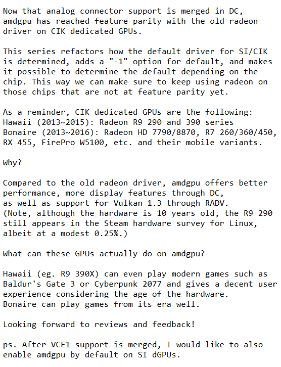 Un document évoque l'égalité des fonctionnalités entre amdgpu et l'ancien pilote Radeon sur les GPU CIK, détaillant les séries prises en charge comme le Radeon R9 290.