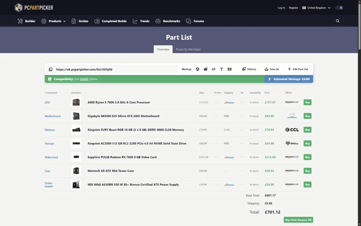 Une liste de matériel sur PC Part Picker UK, estimant largement le prix de la Steam Machine.
