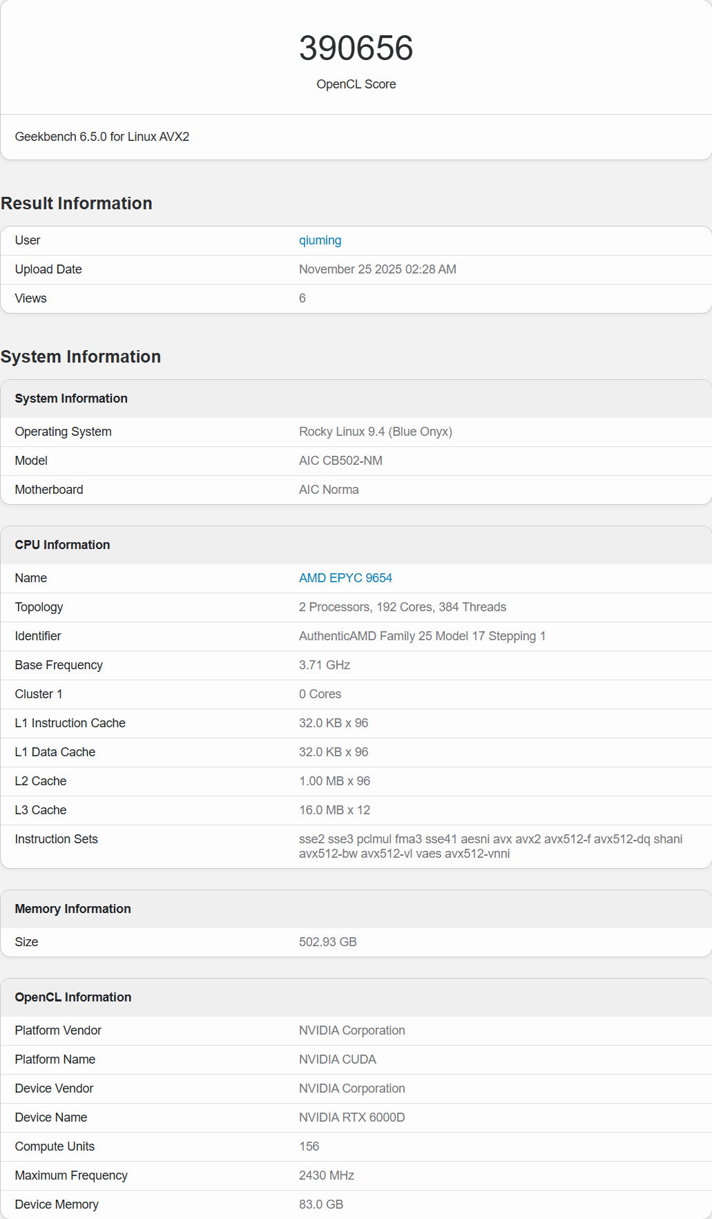 Un score OpenCL de Geekbench 6.5.0 montre 390656, avec un AMD EPYC 9654 CPU, une NVIDIA RTX 6000D GPU, et 502.93 Go de RAM.
