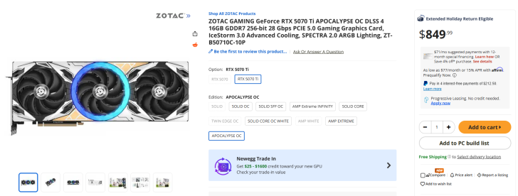 Carte graphique ZOTAC GAMING GeForce RTX 5070 Ti APOCALYPSE OC avec refroidissement IceStorm 3.0 et éclairage ARGB SPECTRA 2.0, au prix de 849,99 €.