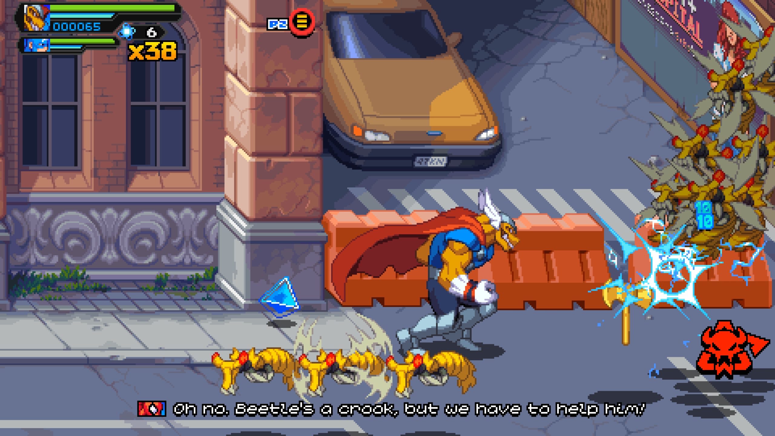 Beta Ray Bill combat des ennemis dans le niveau initial.