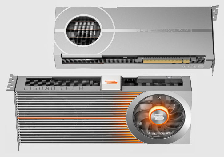 A Lisuan Tech graphics card labeled 'LISUAN EXTREME 001' is shown from the top and side, featuring a sleek silver design with visible heat sinks and a large cooling fan illuminated with orange accents.