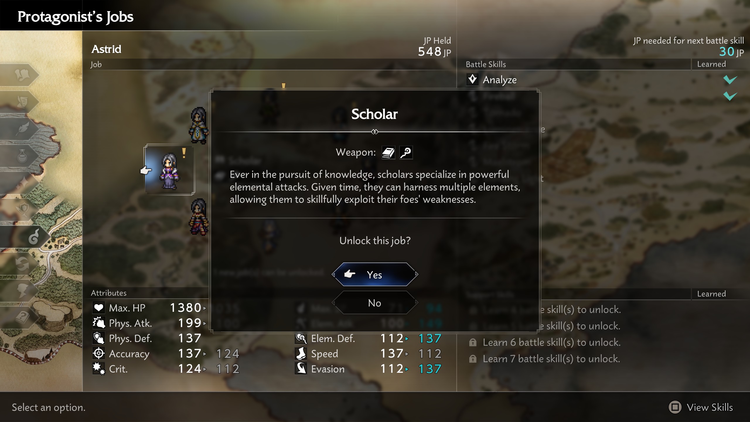 Le personnage Astrid sélectionnant le métier 'Sage' avec l'option 'Déverrouiller ce métier?' à l'écran.