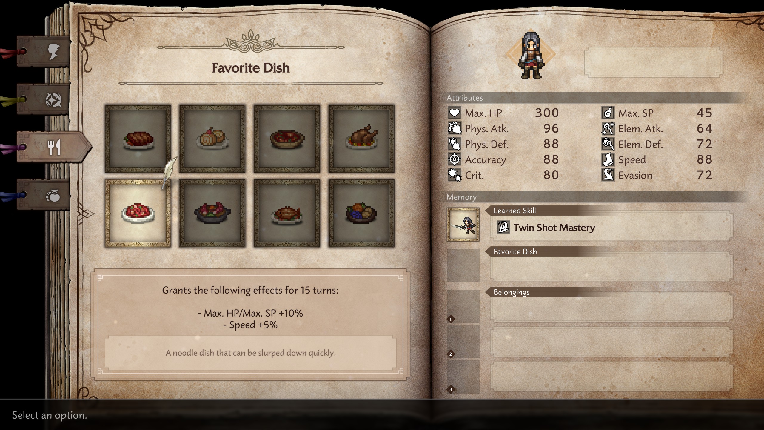 Écran de jeu affichant la section 'Plat Préféré' avec diverses icônes alimentaires.